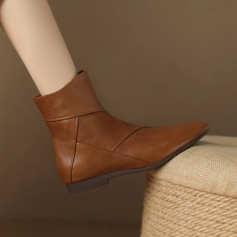 2cm跟高真皮复古粗跟秋冬时尚百搭棕色软底时尚女靴短筒女靴