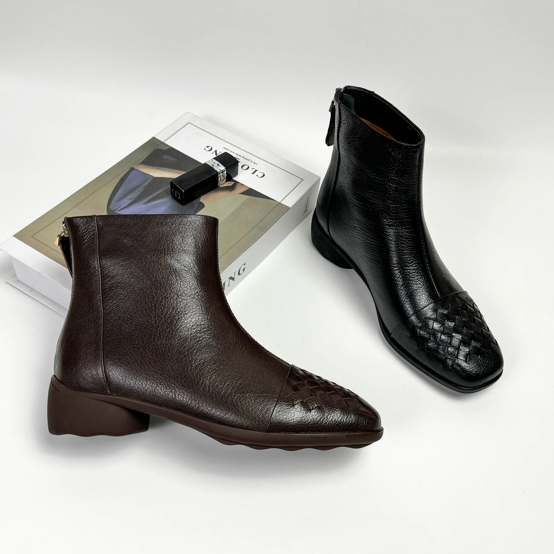 3CM低跟秋冬季时装靴时尚休闲百搭真皮粗跟英伦风方头潮流