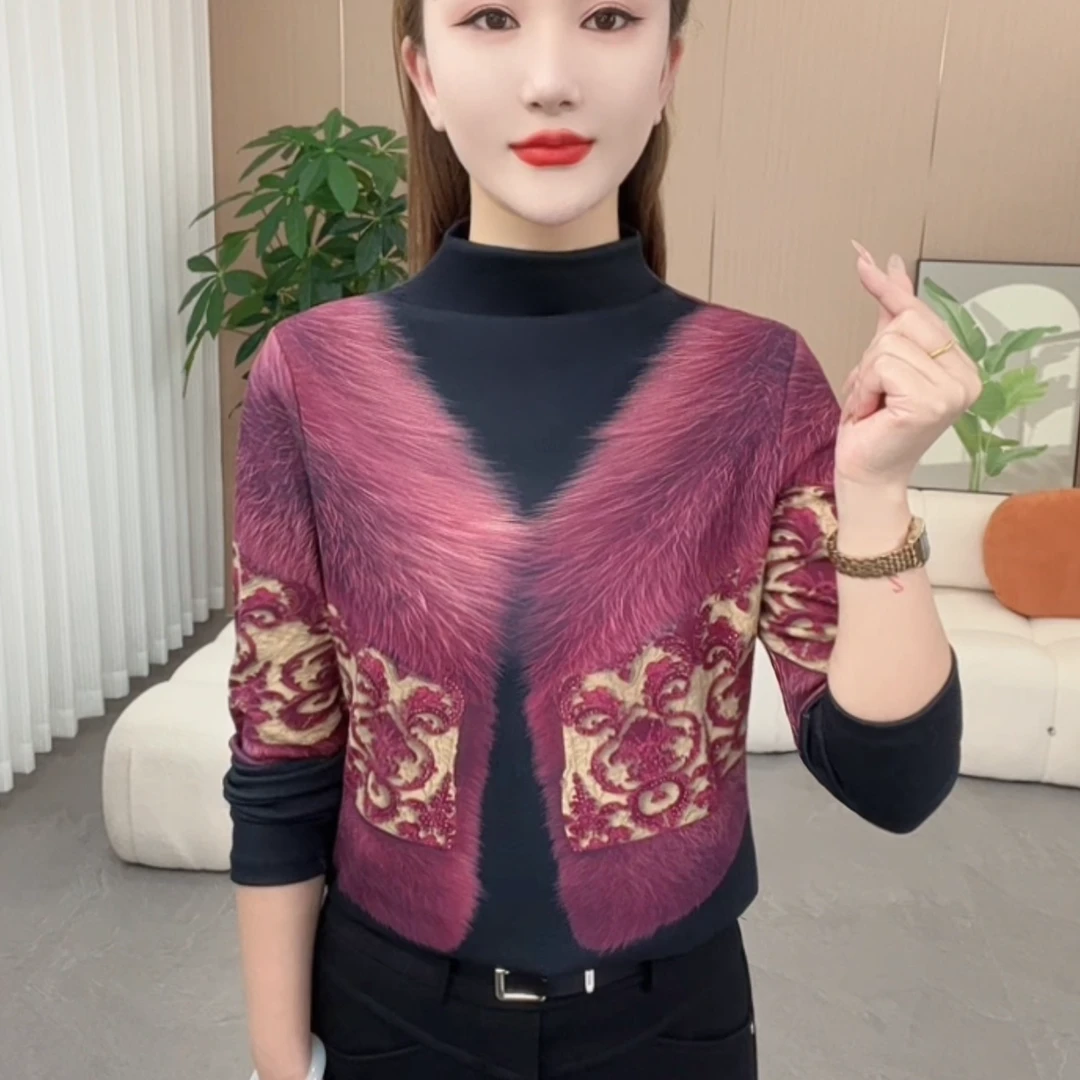 秋冬季时尚洋气气质印花烫钻遮肉百搭长袖半高领显瘦小衫女P3551