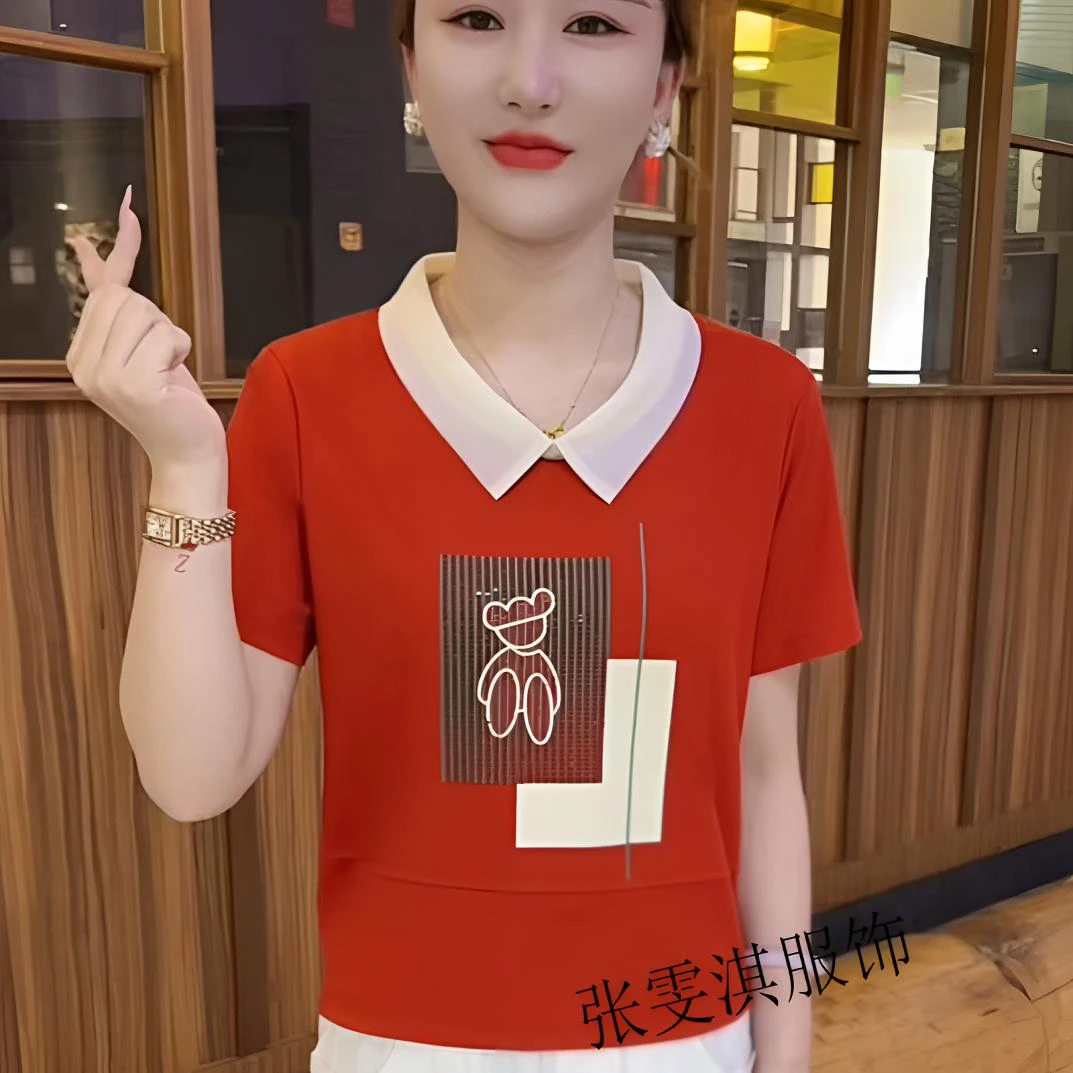 夏季时尚休闲显瘦拼接宽松花洋气百搭女士遮肚娃娃领半袖P6911