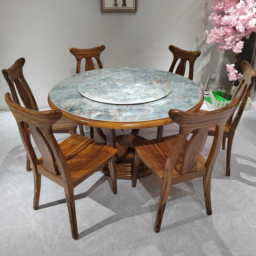 末凡5008#奢华乌金木超晶大理石圆形餐桌餐椅单双层调节尺寸135cn