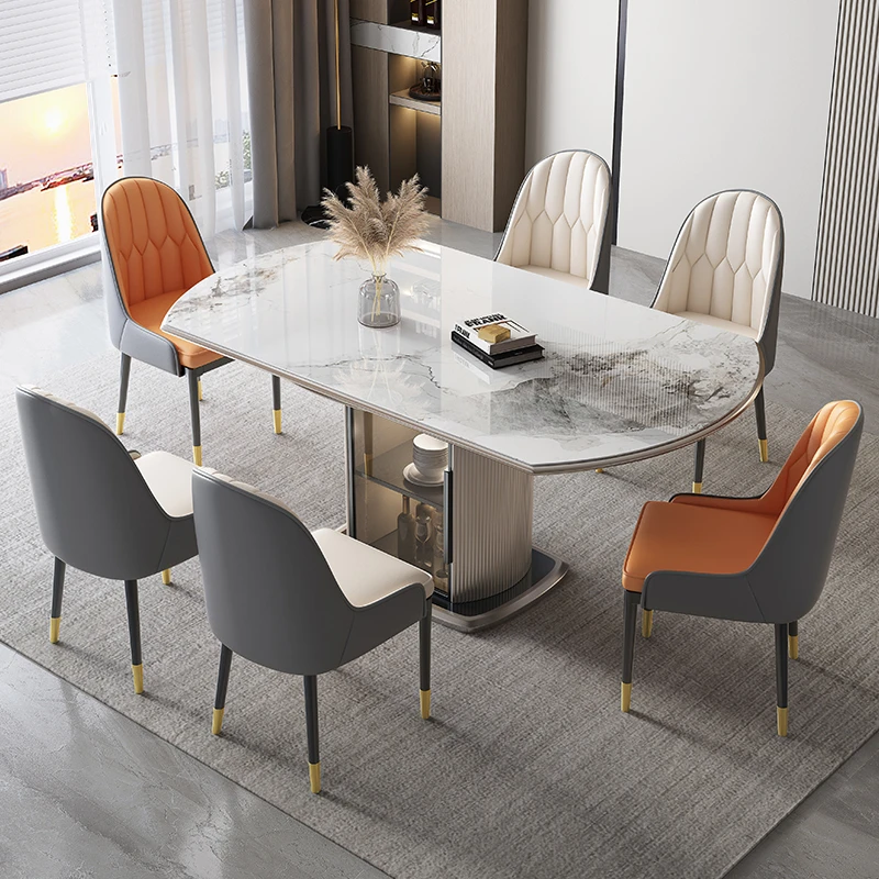 岩板储物餐桌饭桌子圆桌现代简约轻奢家用电磁炉餐桌椅组合可伸缩