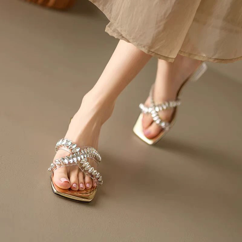 2024夏季新款中跟法式小众水钻女凉拖鞋时尚-1812