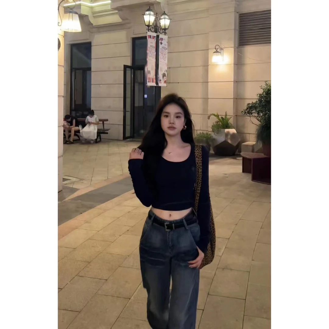 Small7 秋季新款U领垫肩露背辣妹修身显瘦打底衫短款T恤长袖