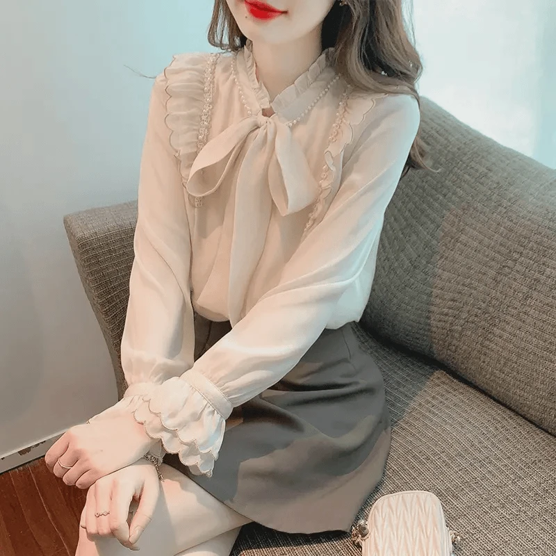 蝴蝶结雪纺衬衫女设计感小众重工钉珠温柔风长袖衬衣法式打底上衣