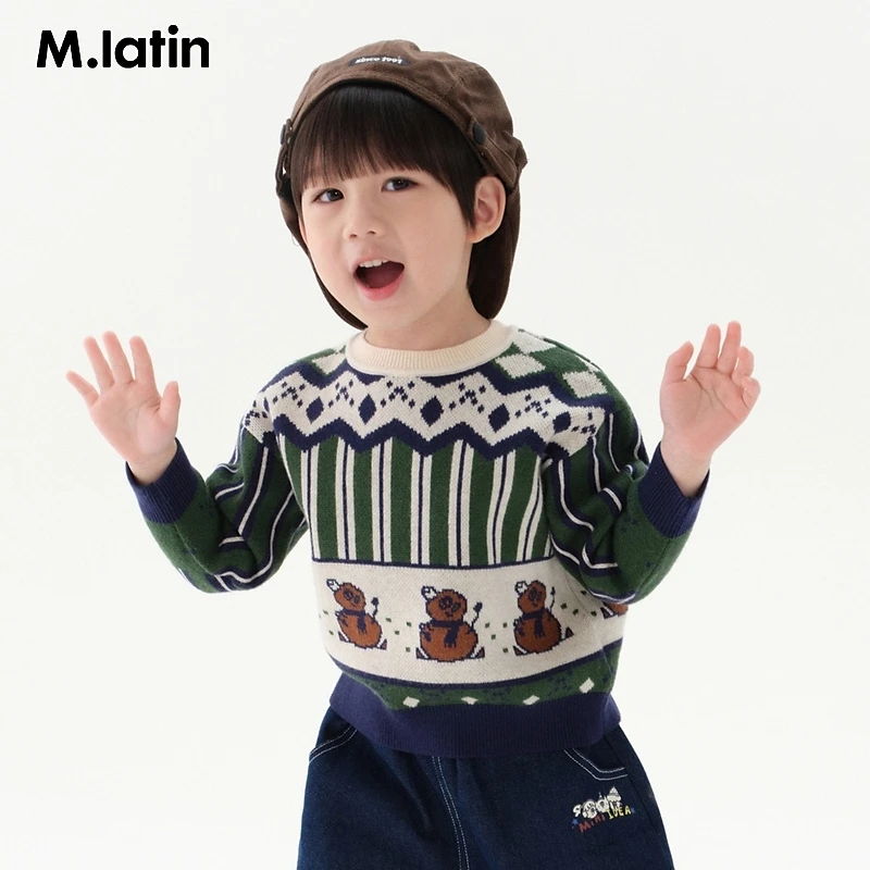 马拉丁童装儿童毛衣冬款女童小童满地提花费尔岛撞色圆领毛衣