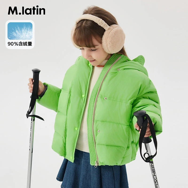 马拉丁童装儿童羽绒服冬装女大童不规则门襟大帽檐羽绒夹克