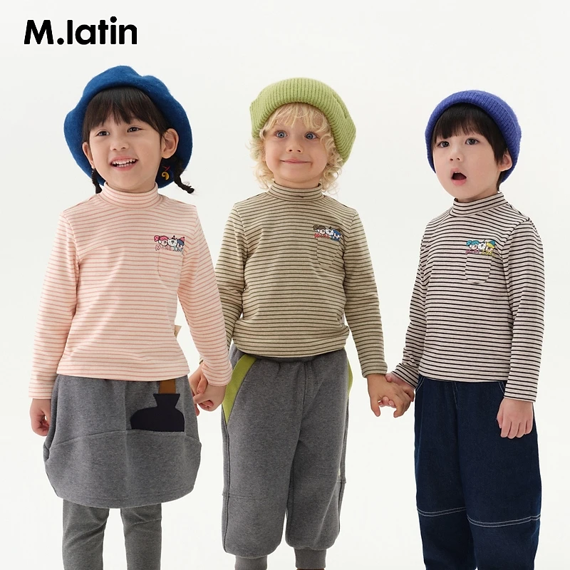 马拉丁童装上衣2024冬装新款中性小童多色条纹半高领打底百搭T恤