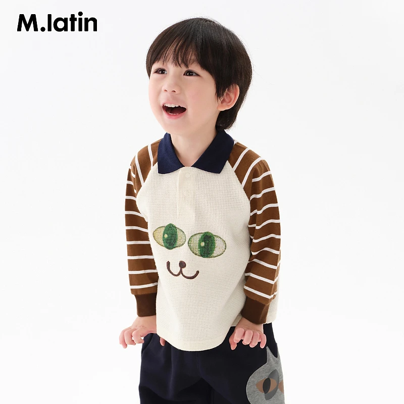 马拉丁童装T恤秋装款男童小童萌趣可爱撞色条纹polo领T恤