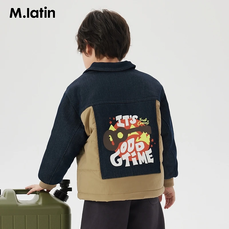 马拉丁童装儿童外套2023冬装新款男童大童拼接材质牛仔棉服外套