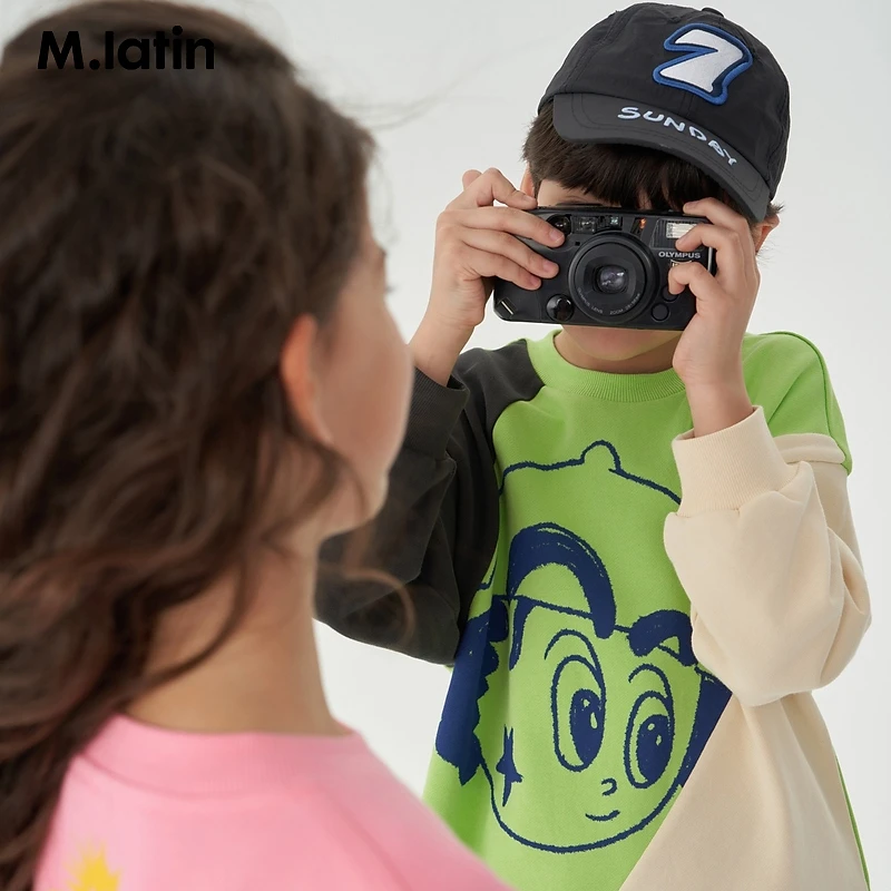 马拉丁童装儿童卫衣2024春新款男女童大童潮流斜拼设计感圆领卫衣