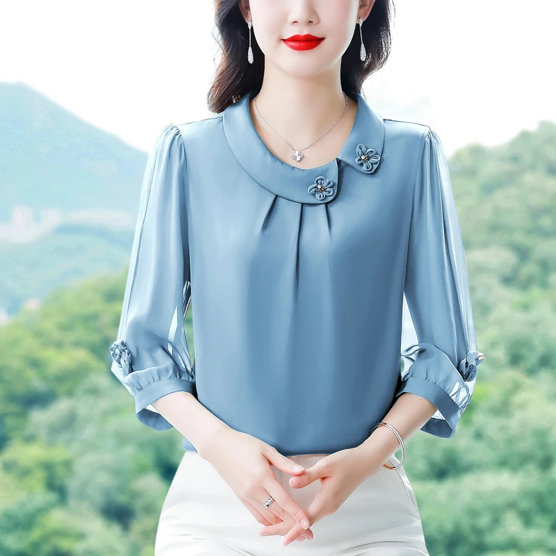 大码衬衣女装中袖上衣夏季新款七分袖时尚小衫中年妈妈洋气衬衫女