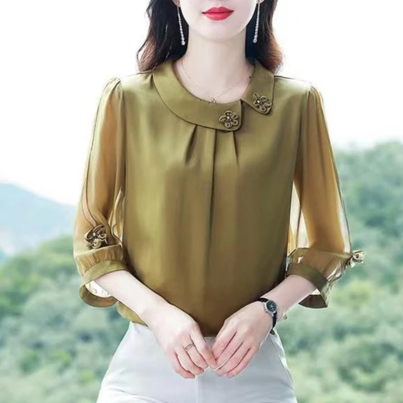 大码衬衣女装中袖上衣夏季新款七分袖时尚小衫中老年妈妈遮肚衬衫