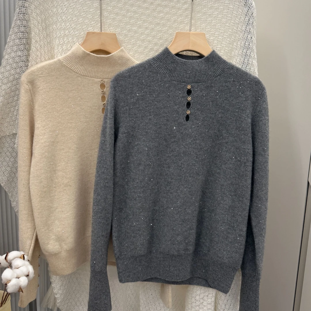 纯色半高领长袖亮丝时尚休闲百搭套头羊毛冬季打底衫宽松女士上衣