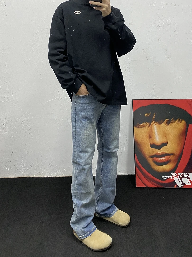 暗夜买手 早春蓝色弹力直筒休闲微喇百搭欧美牛仔裤