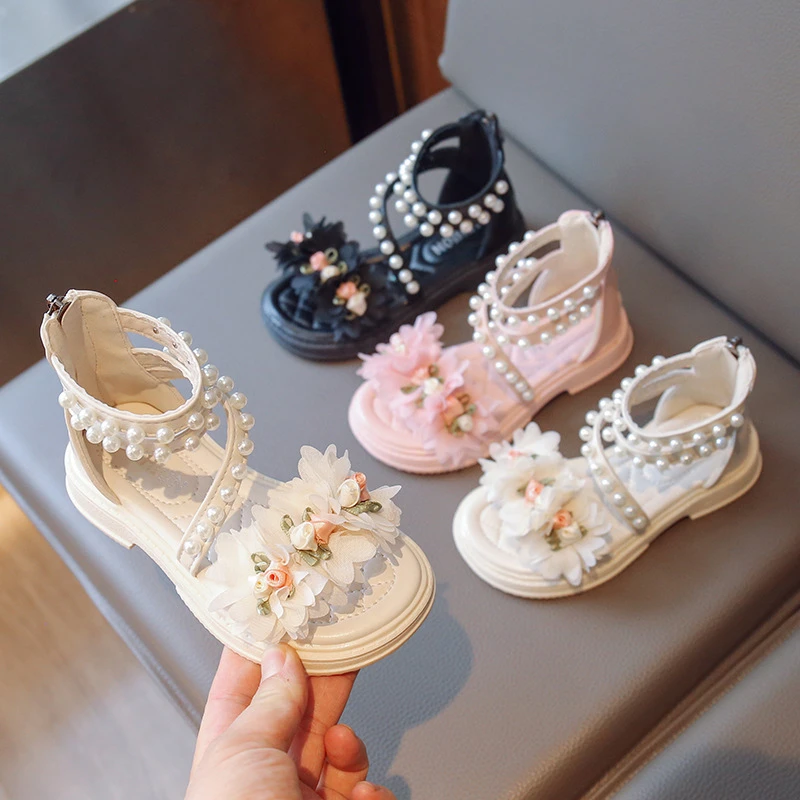 【迪士尼专属】2024夏季新款软底沙滩鞋珍珠罗马鞋小女孩花朵公主鞋