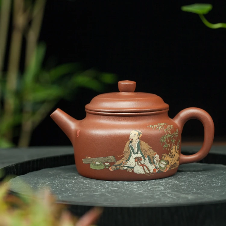 宜兴紫砂工艺美术师江政凌纯全手工泥绘人物泡茶原矿底槽青德钟壶