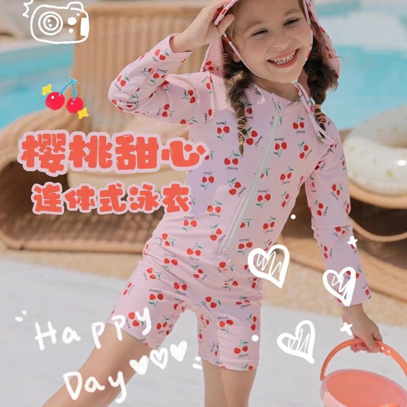 儿童泳衣女孩连体专业训练长袖洋气可爱速干防晒夏季游泳衣洋气夏