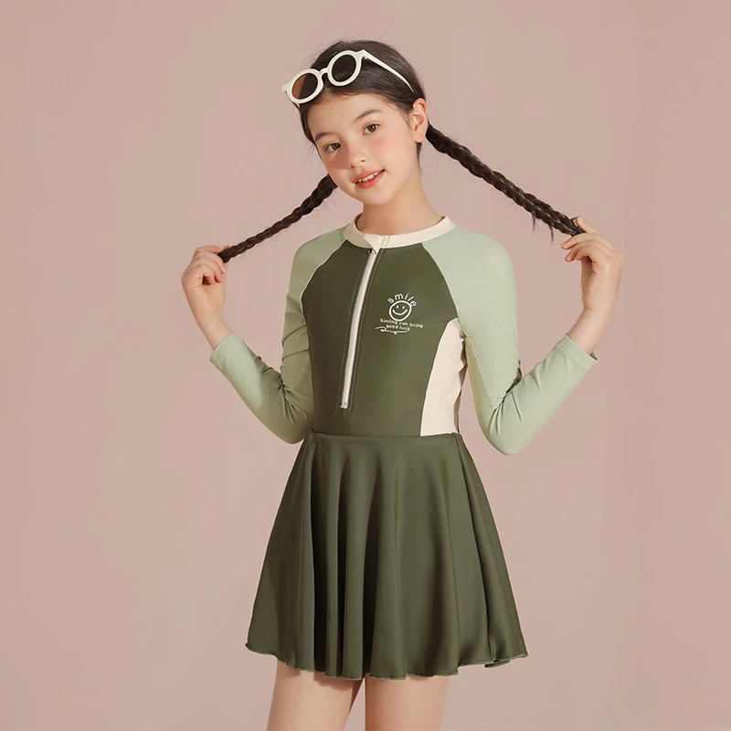 儿童泳衣女童长袖防晒连体女孩2023新款中大童裙式速干保守游泳衣