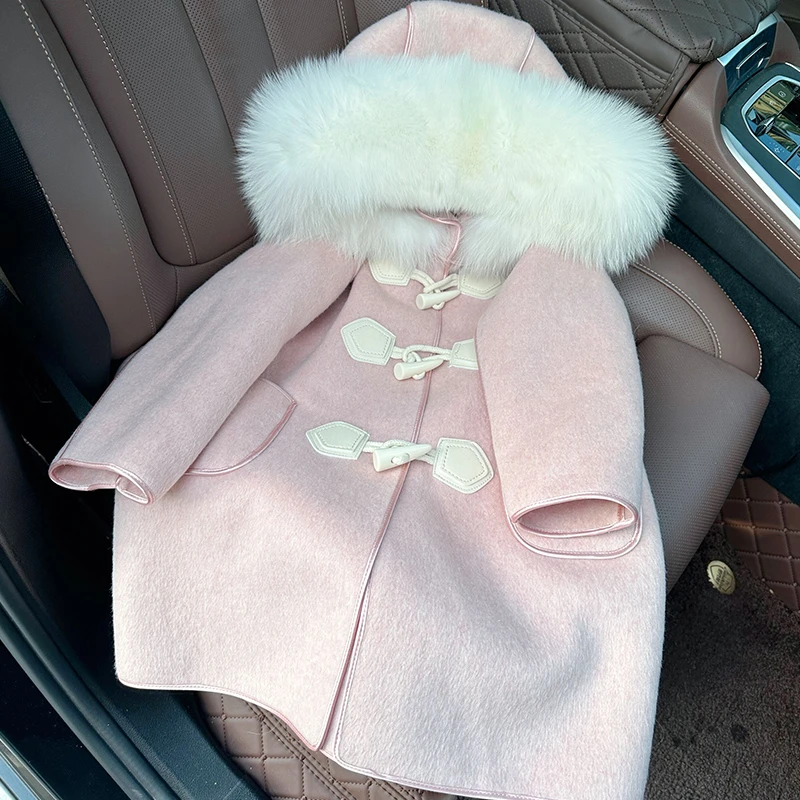 女童大衣双面呢子儿童秋冬外套狐狸毛领毛毛拜年服中长款加厚外套