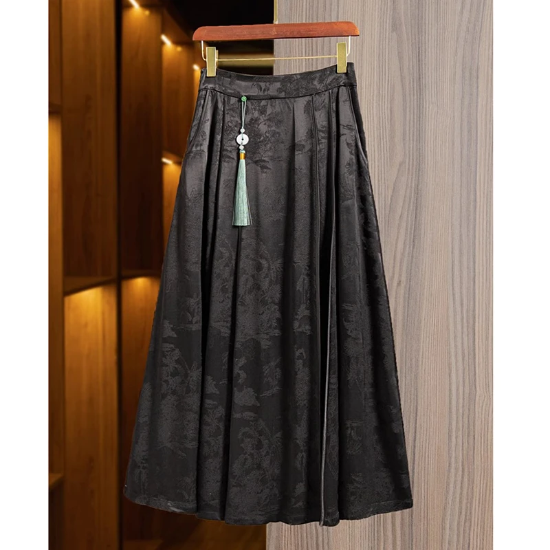 人丝马面裙流苏装饰改良新中式国风提花高腰压褶中长A字大摆半裙