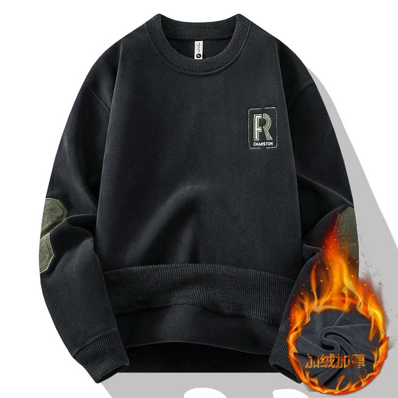 秋冬季加绒加厚双面奥粒绒卫衣宽松百搭套头圆领男士保暖上衣G041