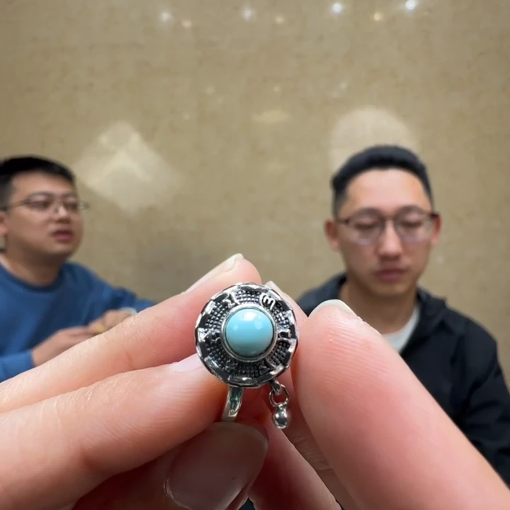 约5mm绿松石蛋面活口戒指S925银-六字箴言转经筒