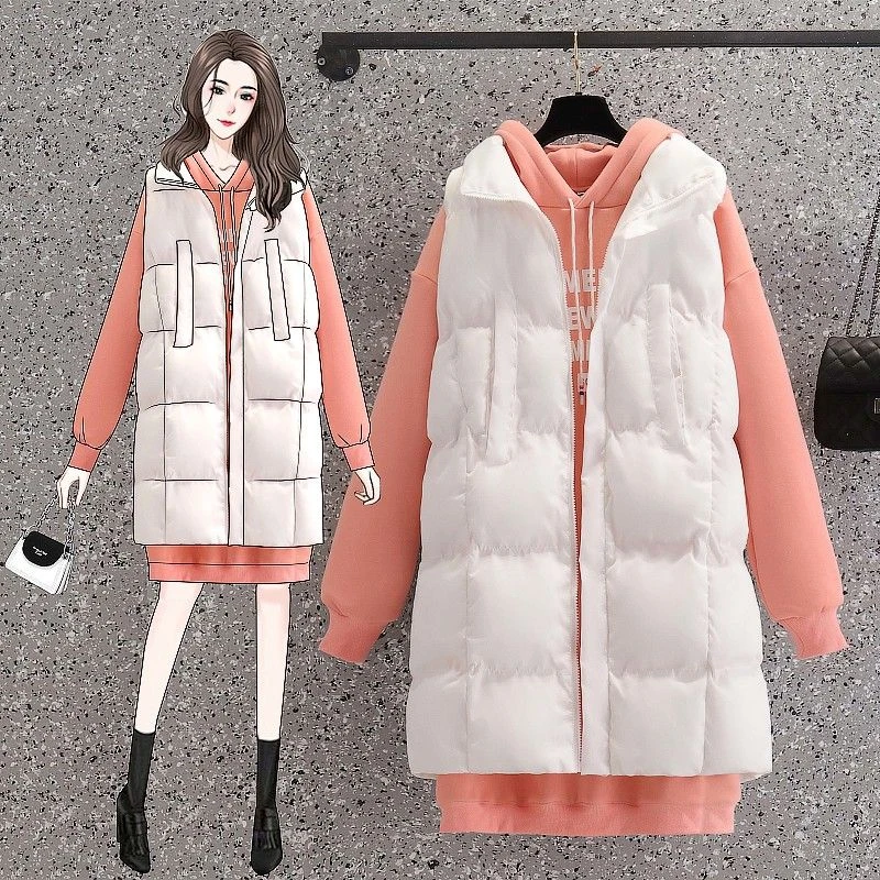 大码女装2023年冬季款胖妹妹中长款加绒加厚卫衣马甲棉服两件套装