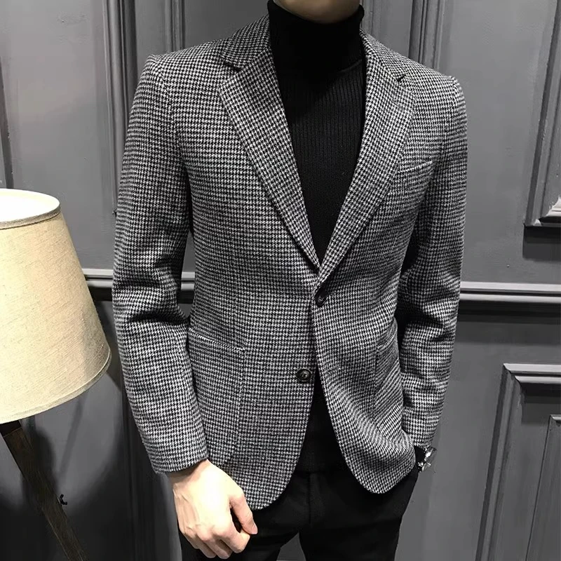 范希巴迪秋冬千鸟格西装男外套新款男士休闲单件格子修身西服男装