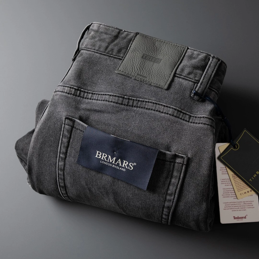 范希巴迪商务厚款内里磨毛细斜纹肌理烟灰水洗弹力直筒修身牛仔裤