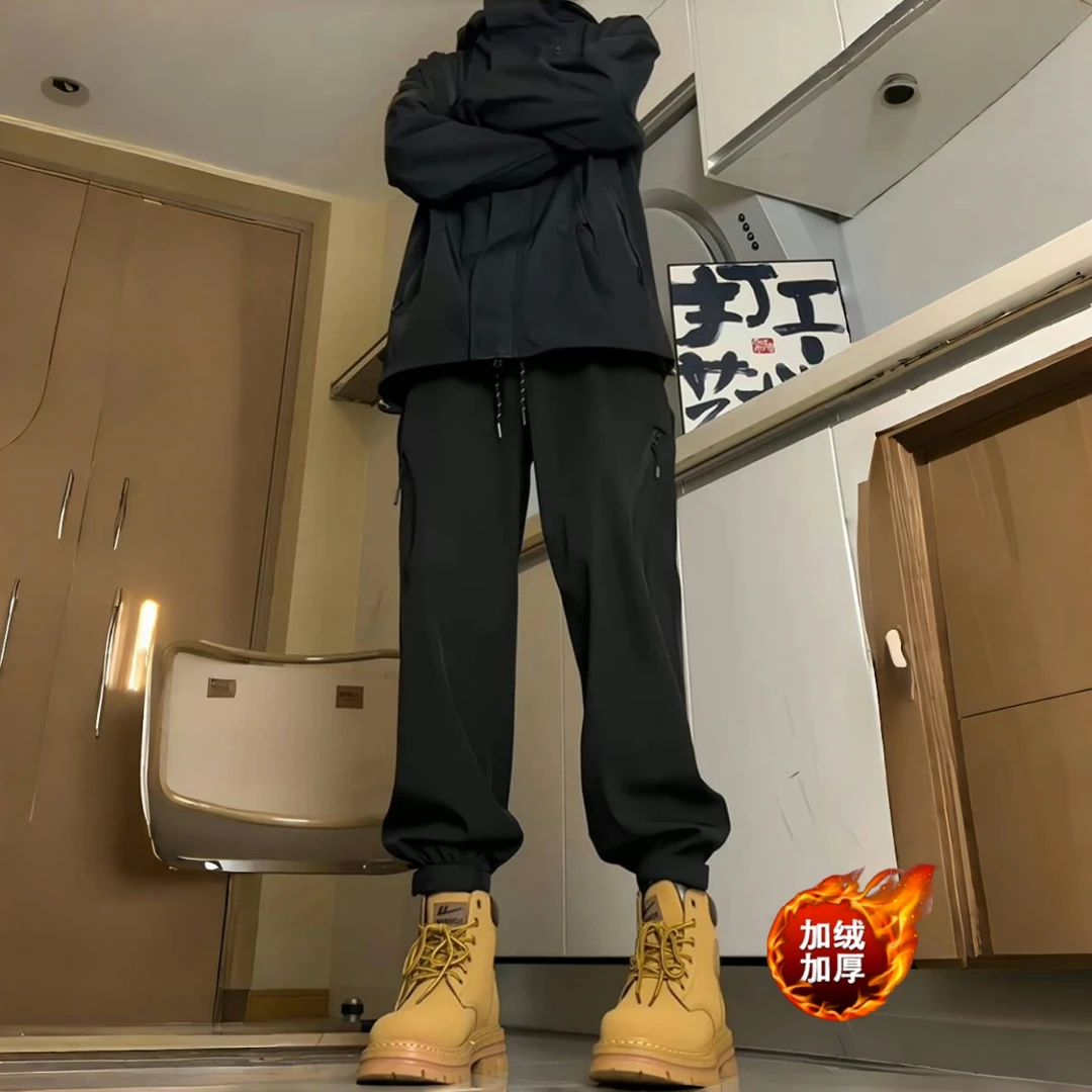 防风加绒加厚冲锋裤男款秋冬季防寒滑雪机能裤配马丁靴束脚工装裤