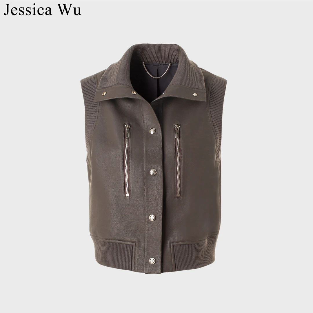 JESSICA WU酷飒工装风个性叠穿绵羊皮拼接罗纹边马甲MR13001