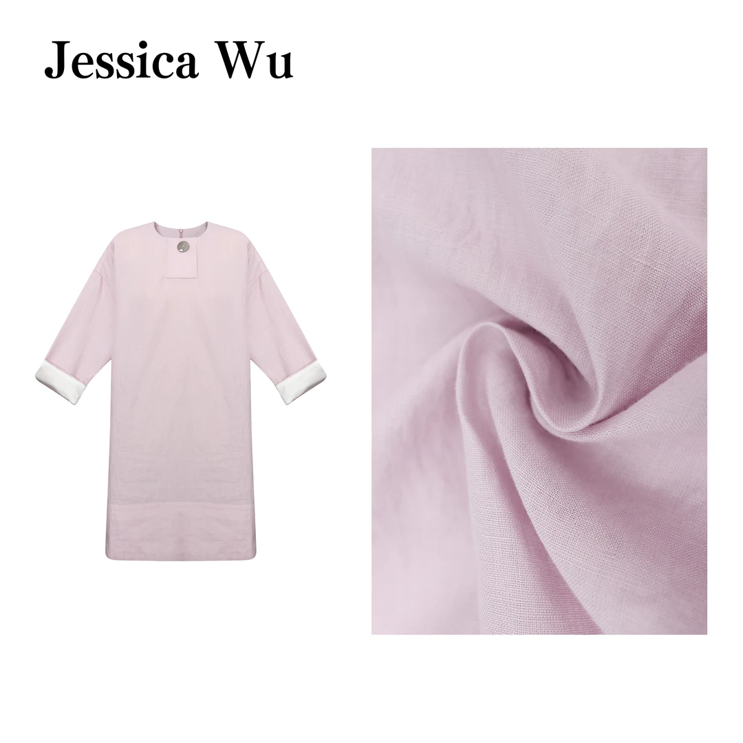 JESSICA WU极简~优雅贵气意大利进口软麻亲肤透气金属扣连衣裙