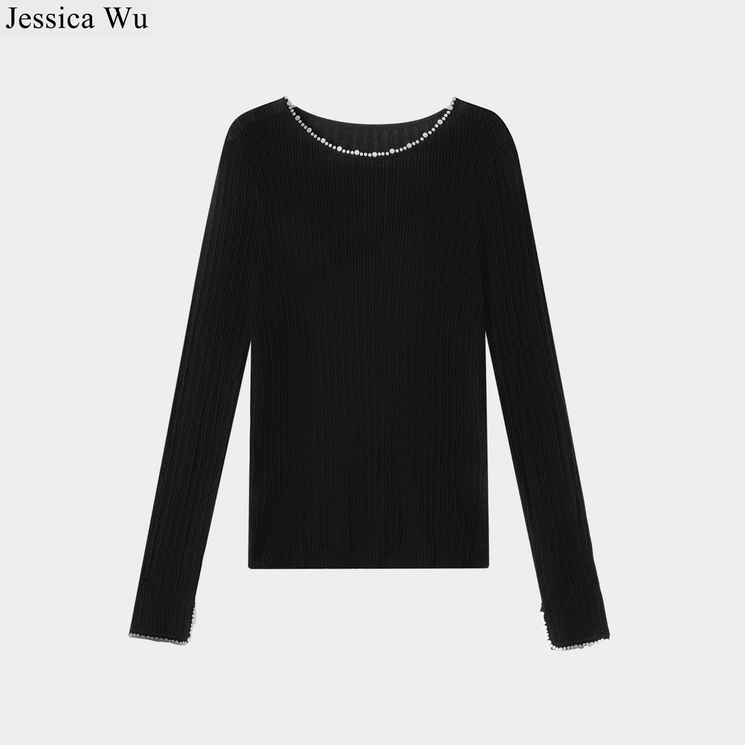 JESSICA WU为颜值买单!精致优雅珍珠边显瘦80支定制纱线上衣