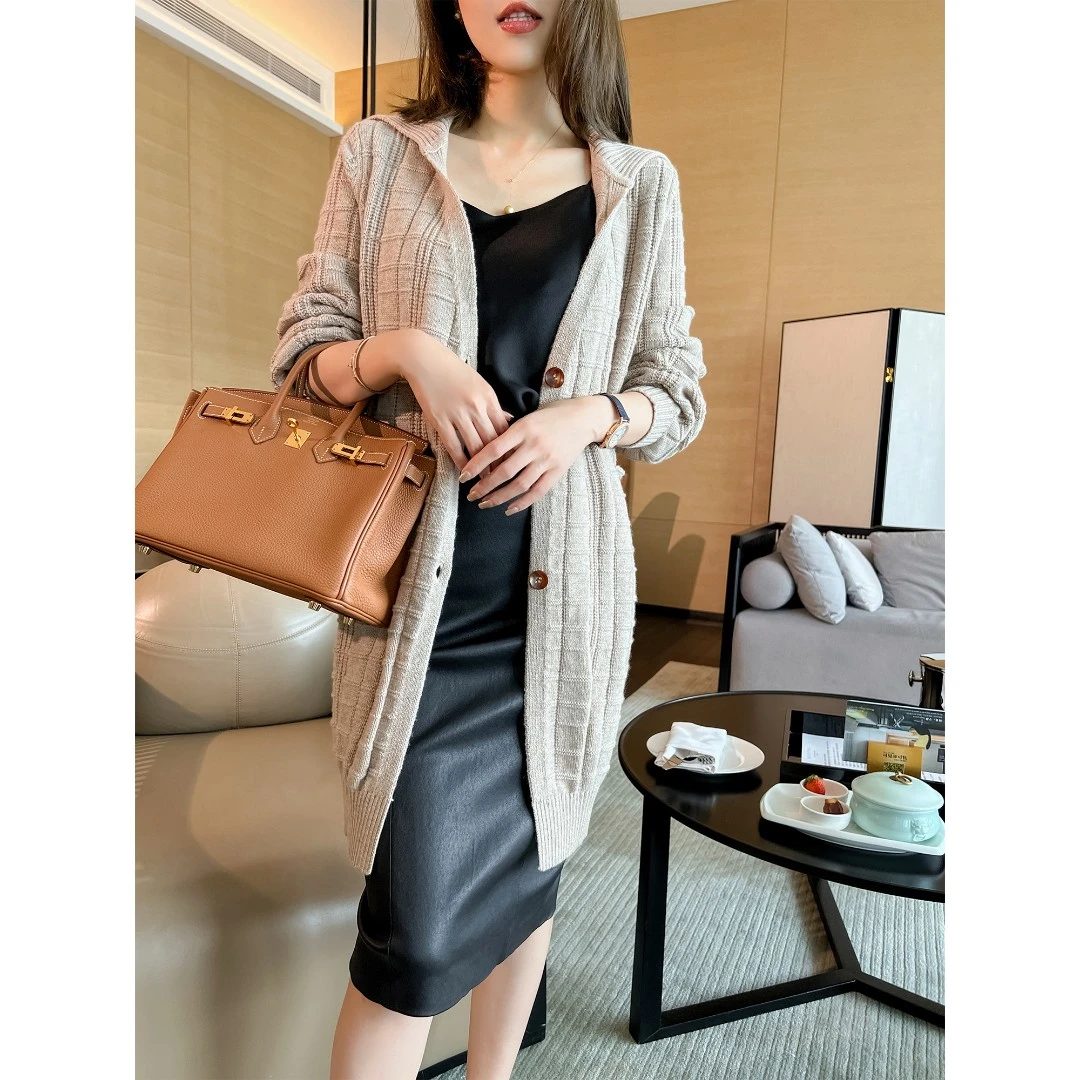 旦旦"秋日温暖"德国机定制纱法式优雅气质针织风翻领开衫SJ04022