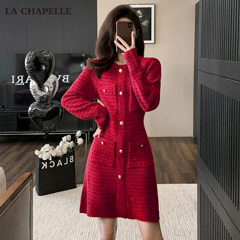 拉夏贝尔小香名媛风2024新款红色连衣裙高级感气质显瘦打底针织裙