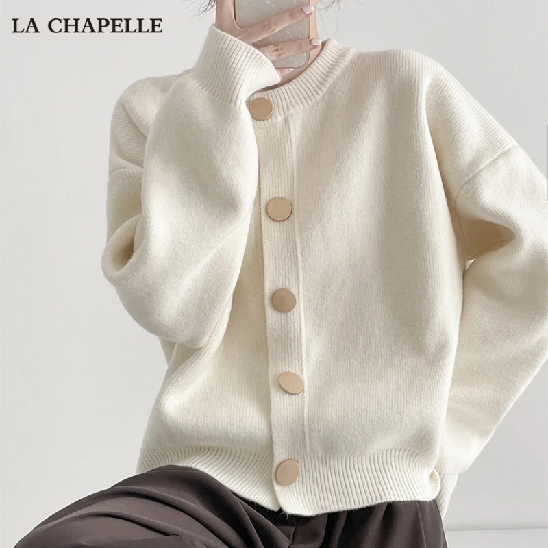 拉夏贝尔设计感单排扣纯色针织毛衣外套开衫慵懒宽松圆领秋季上衣