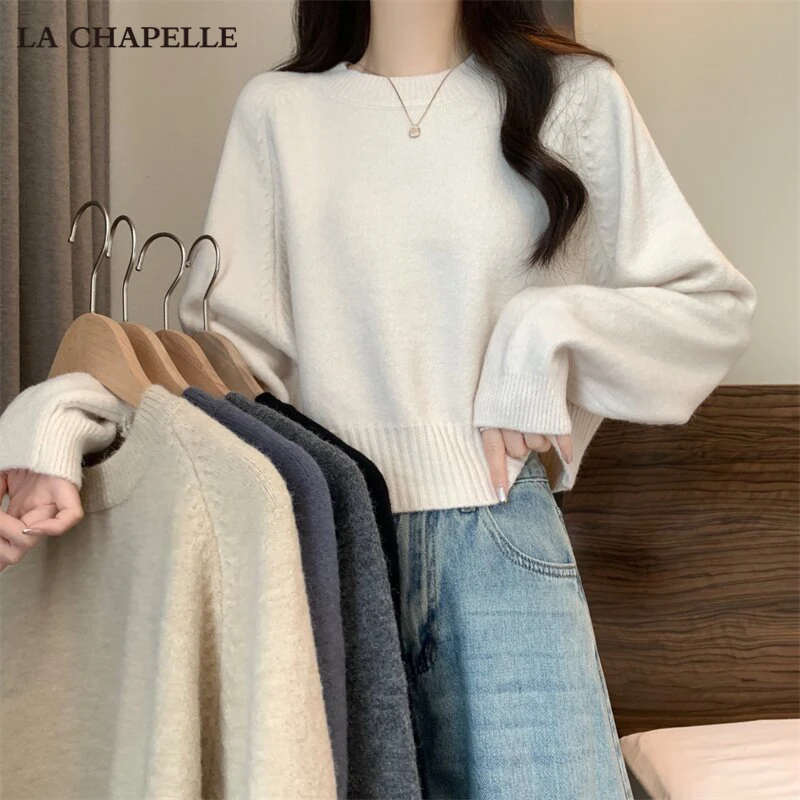 拉夏贝尔短款套头圆领毛衣女春秋慵懒风针织打底衫小个子内搭上衣
