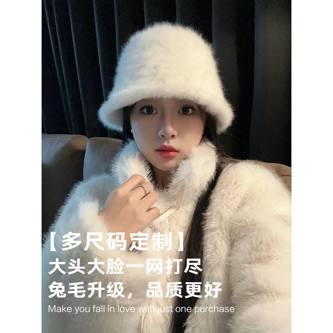 大头围2023兔毛秋冬贝雷帽子女网红百搭白色毛绒保暖画家帽潮秋冬