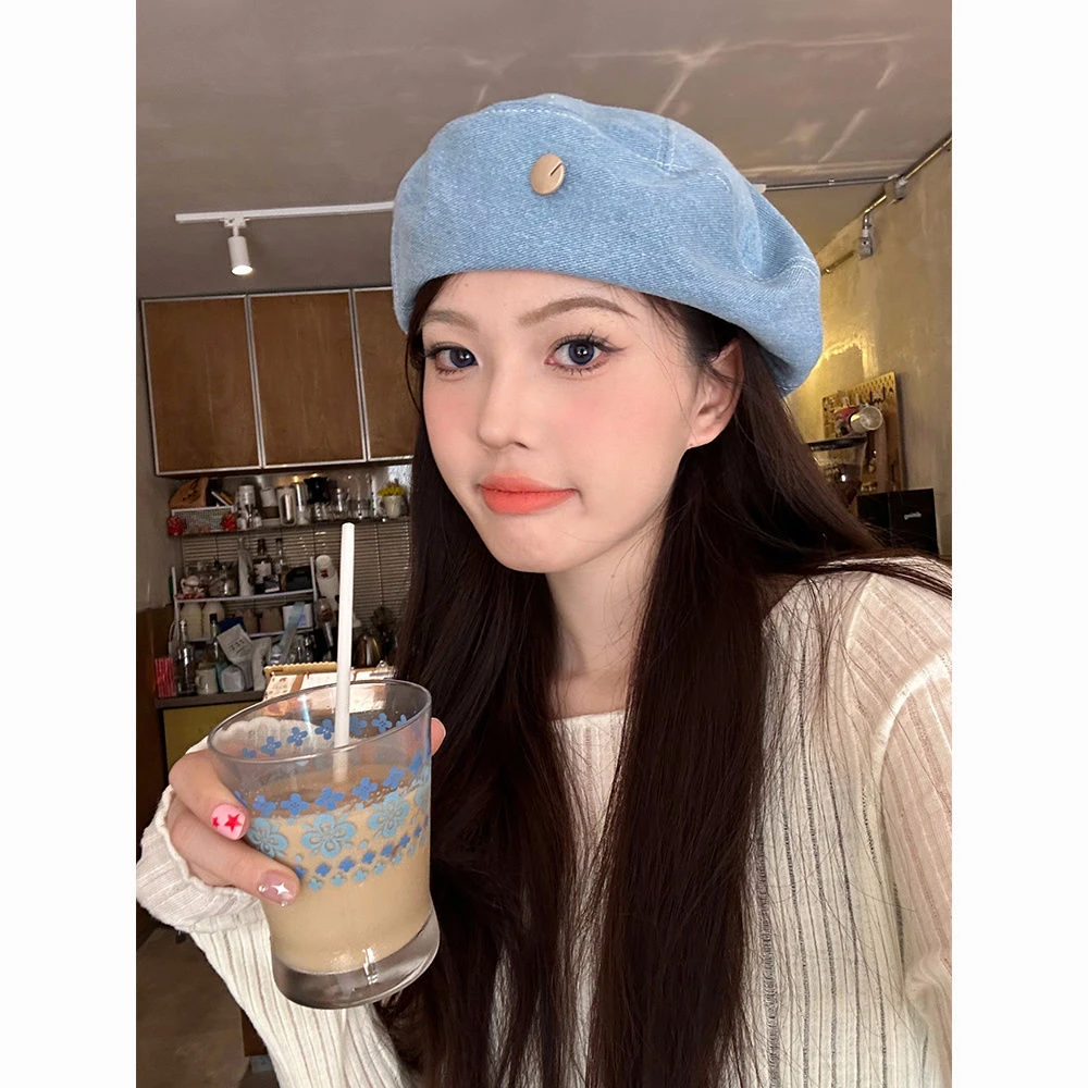 春夏季韩风牛仔贝雷帽女蓝色蓓蕾帽大头围时尚画家帽显脸小八角帽