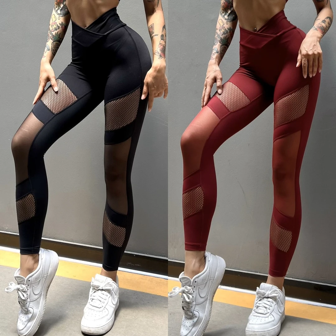 欧美跨境网纱渔网拼接健身瑜伽紧身长裤性感高弹高腰无缝提臀透气