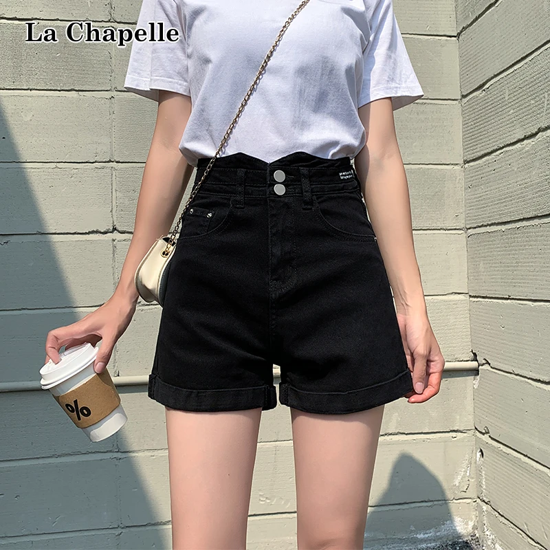 拉夏贝尔黑色牛仔短裤女显瘦高腰夏季新款2024外穿百搭宽松a字ins