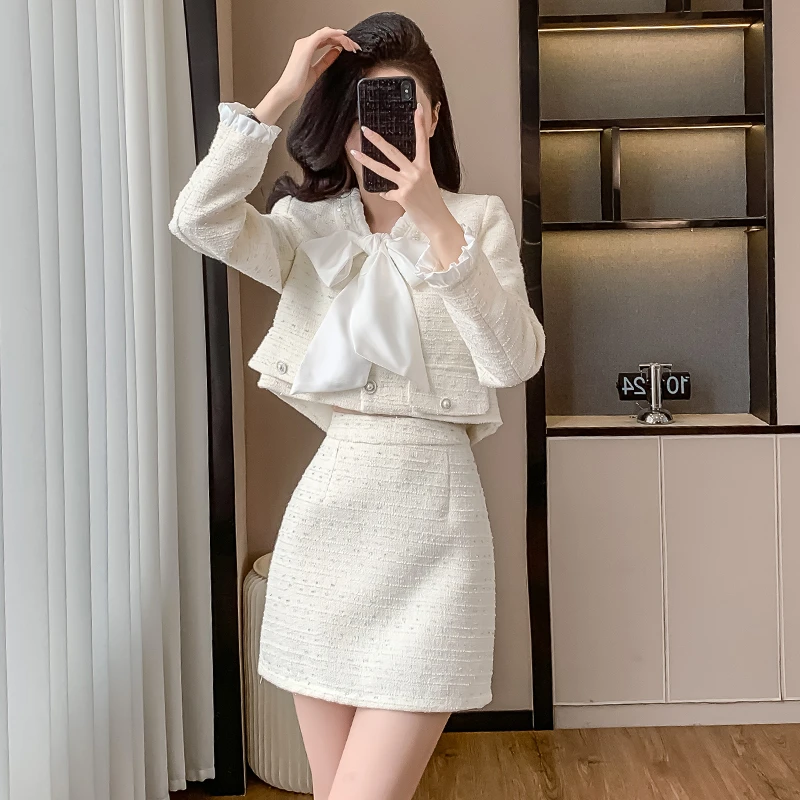 小香风蝴蝶结外套女秋冬小个子穿搭一整套气质洋气减龄短裙两件套