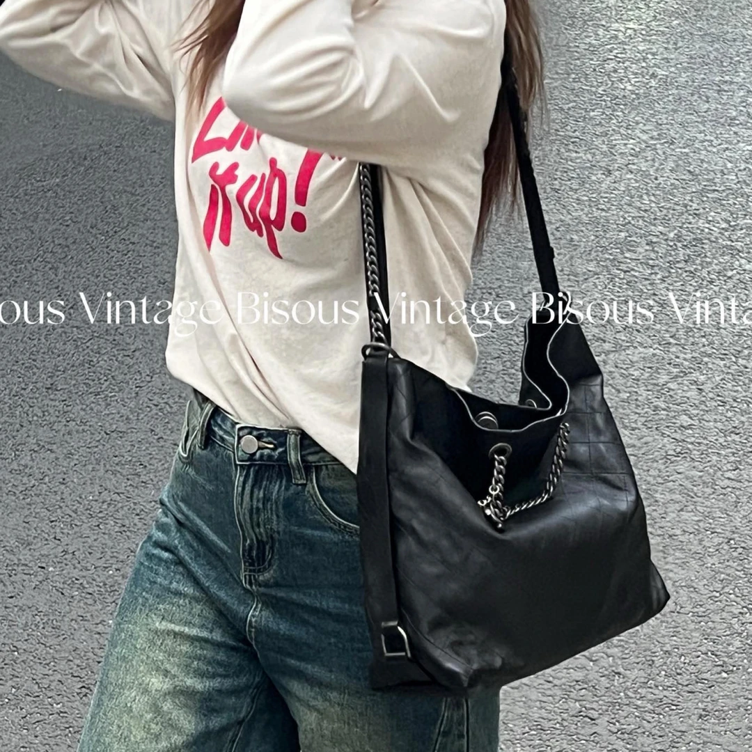 95新 Chanel/香奈儿 黑银 牛皮 菱格纹 双C logo 单肩包 斜挎包