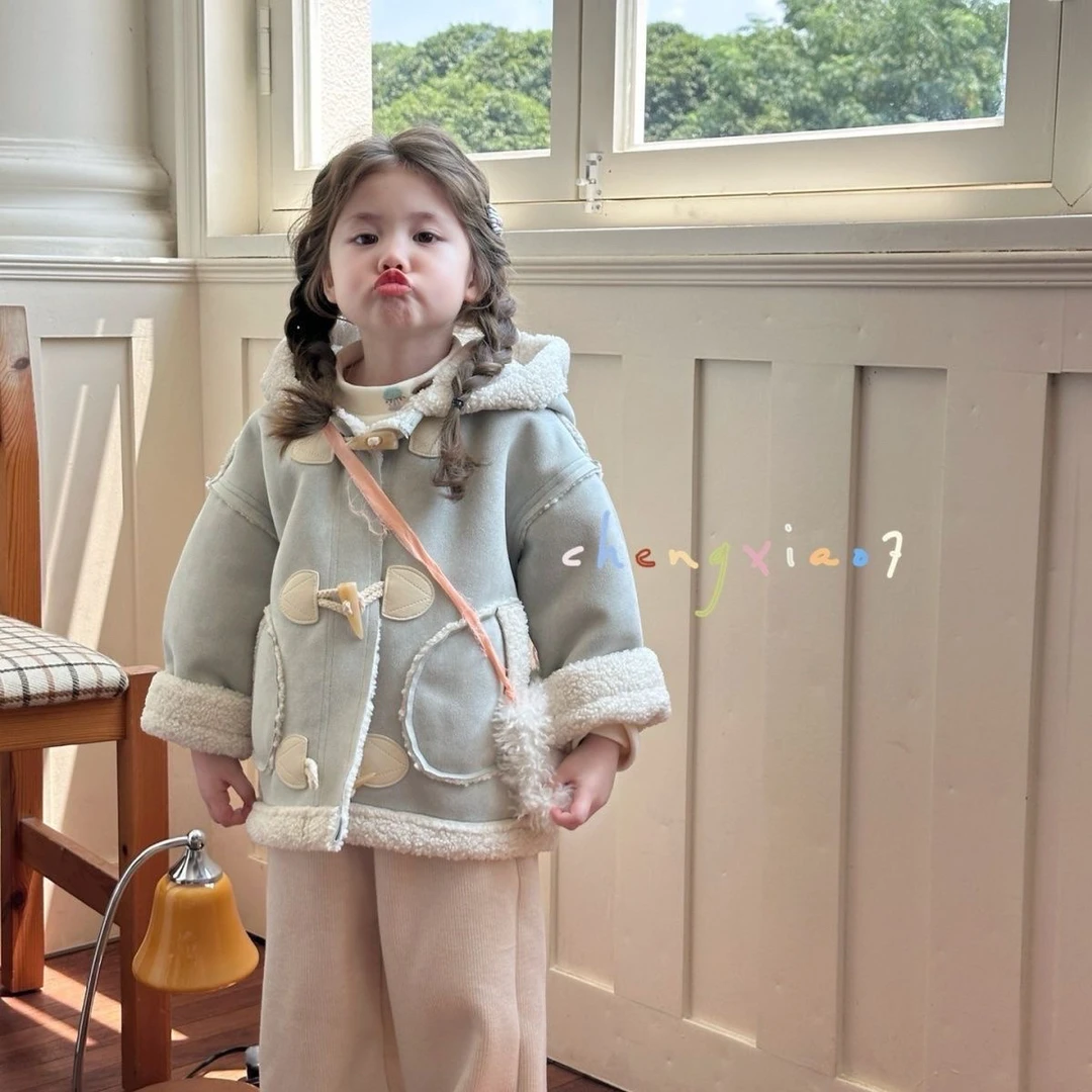 女童加绒外套秋冬款皮毛一体小女孩洋气上衣冬季衣服