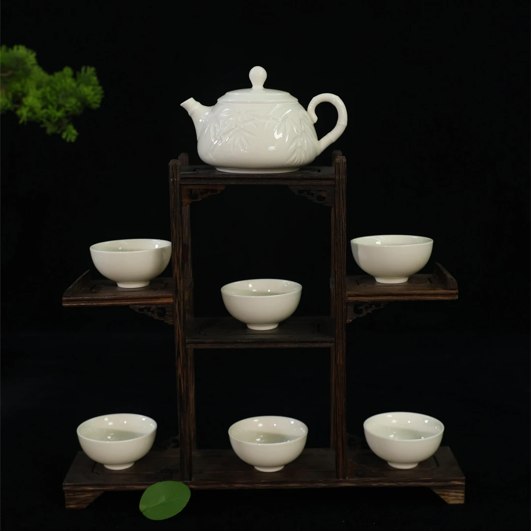 大宋定窑——白瓷大号竹韵陶瓷茶杯套装全套高温瓷茶具一壶六杯家用