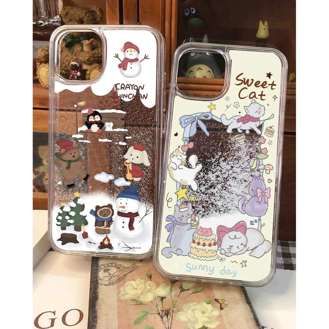 圣诞雪花流沙壳苹果iPhone15动物14promax软壳13卡通12/11创意ins