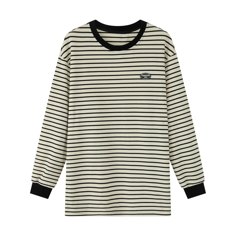 片断T恤女2023冬季新款可爱减龄条纹简约时尚百搭休闲运动上衣