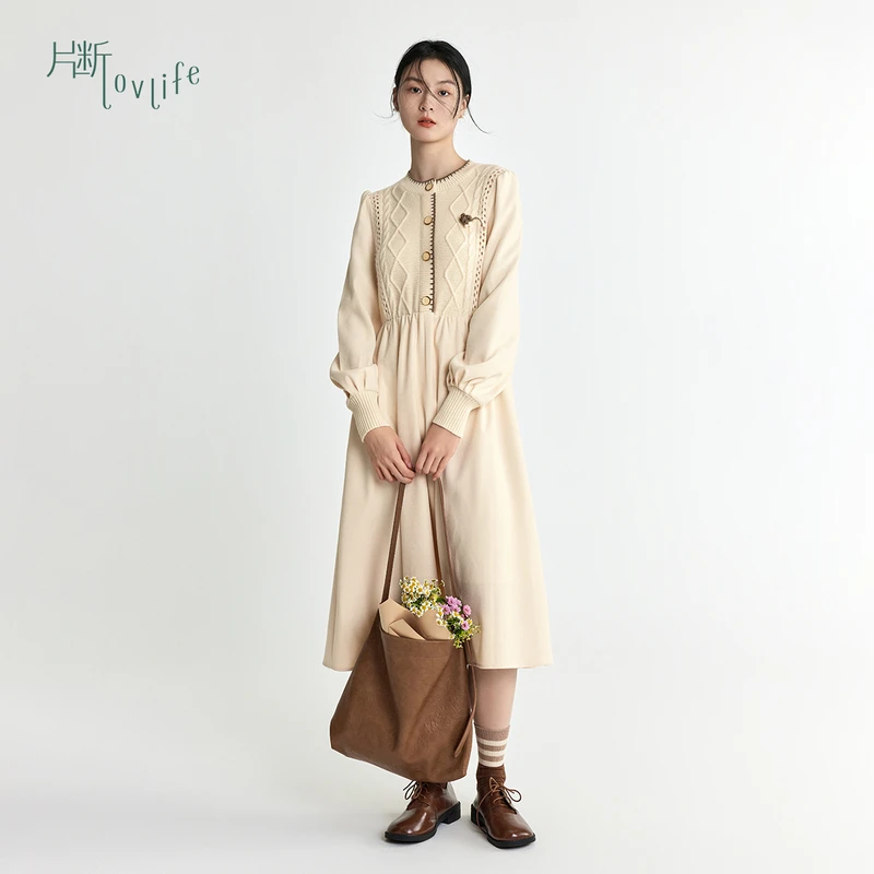 片断连衣裙女2025春季新款镂空设计针织拼接优雅法式小个子长裙