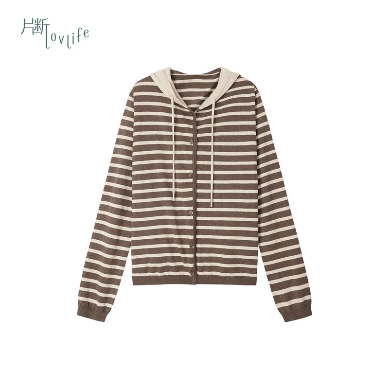 片断毛针织衫女2025冬季新款连帽条纹撞色俏皮减龄慵懒风百搭开衫